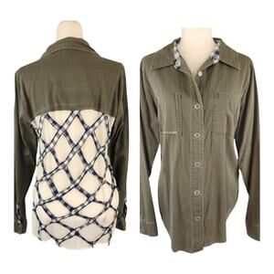 BKE Sheer Lattice Back Snap Front Top Medium Tattered Boho Cowgirl Green Western